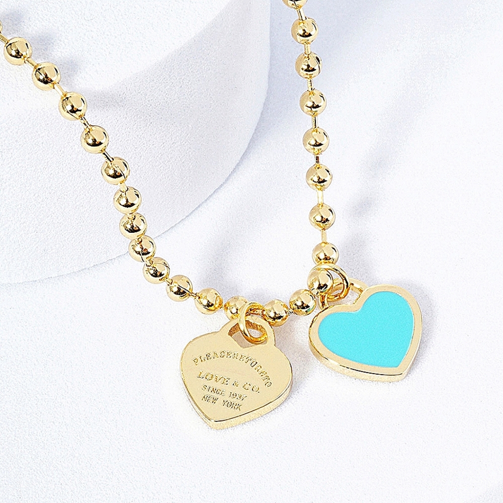 Blue Double Heart Pendant Charm Necklace Dipped Metal Chain Link Bubble Gold